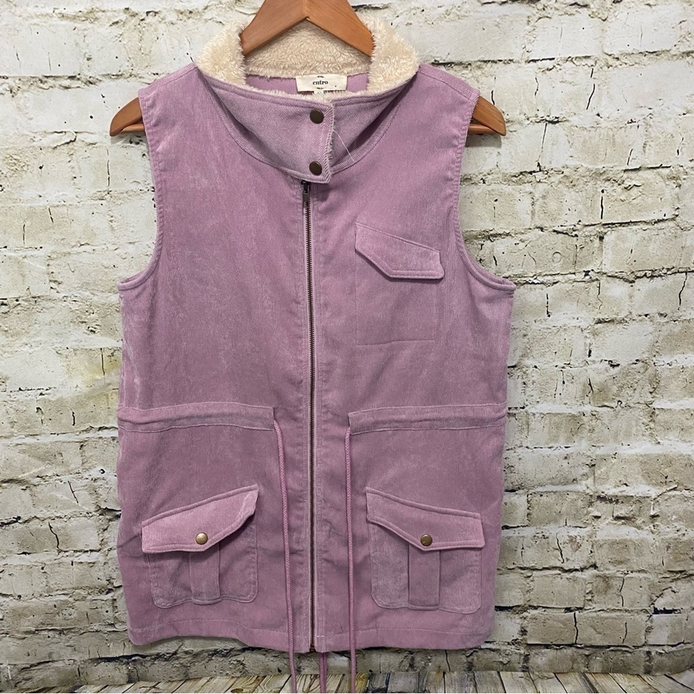 Entro Purple Corduroy Faux Fur Zip Up Cinch Waist Utility Vest